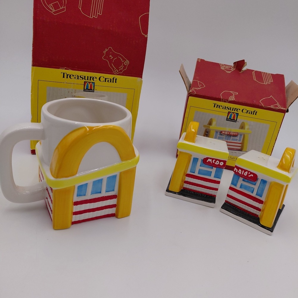Vtg 90s McDonalds Arch Salt & Pepper Shakers & Mug Rare Treasure Chest Boxes NOS